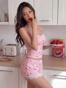 ZzzCrew Pink Small Heart Print Lace Trim Slim Fit Women's Loungewear Pajama Set (2 Pieces) - Pink - View 6