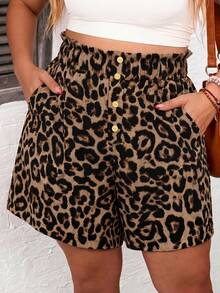 Comfylo Plus Size Women's Leopard Print Casual Versatile Shorts With Pockets And Button Front - Brown - View 6