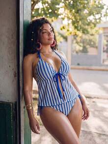 Swim Mod Women's Plus Size 2-Piece Multi-Color Textured Fabric Halter Neck Front Lace-Up Triangle Bikini Swimsuit - Multicolor - View 4