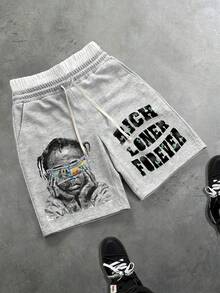 Manfinity EMRG Herren-Jogginghose in meliertem Grau & Weiß mit kontrastierendem Bund und Kordelzug, Vintage Y2K Streetwear-Stil, Schwarz-Weiß-Rapper-Porträt mit verdeckten Augen und Graffiti-Muster + Distressed Dollarzeichen RICH LONER FOREVER Fettdruck, lockere 5-Zoll-Jogginghose für Sommer, Lässig, Urlaub, Musikfestival, Konzert, Club, Party, Fitnessstudio - Verschiedenfarbig - Übersicht 2