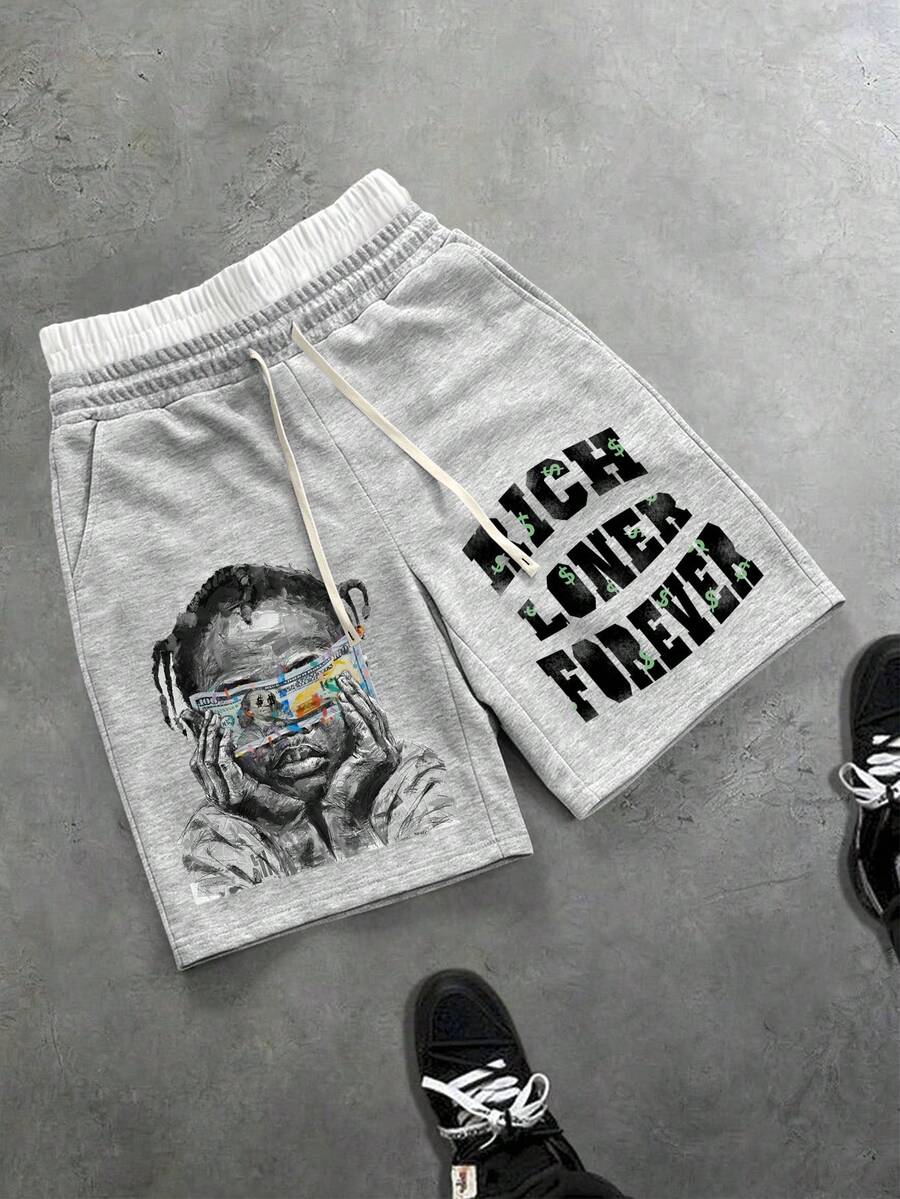 Manfinity EMRG Herren-Jogginghose in meliertem Grau & Weiß mit kontrastierendem Bund und Kordelzug, Vintage Y2K Streetwear-Stil, Schwarz-Weiß-Rapper-Porträt mit verdeckten Augen und Graffiti-Muster + Distressed Dollarzeichen RICH LONER FOREVER Fettdruck, lockere 5-Zoll-Jogginghose für Sommer, Lässig, Urlaub, Musikfestival, Konzert, Club, Party, Fitnessstudio