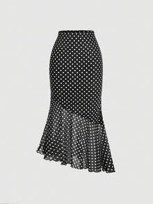 SHEIN MOD 女款波點印花不對稱下擺裙 - 黑色 - 查看 6