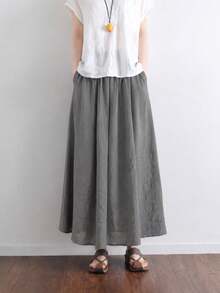 SHEIN Rok Panjang Sedang Gaya Vintage Warna Polos Terbaru untuk Wanita, Musim Semi, Musim Panas, dan Musim Gugur, Bahan Rami Linen Longgar, Dengan Saku, Desain Kasual Elegan untuk Musim Semi dan Musim Gugur - Grey - View 4