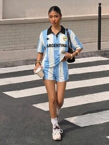 Muchica 女款阿根廷國家足球隊球衣套裝， Polo 上衣與短褲，復古街頭風寬鬆，學院風，經典時尚，藍白條紋 - 彩色 - 查看 3