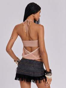 ROMWE Y2K Avant-Garde Sexy 2 In 1 Strapless Sheer Eyelet Stud Decor Bandeau Two Pieces Women's Tank Top - Khaki - View 2