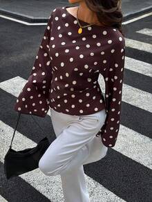 Siren Gaze Womens Elegant Polka Dot Blouse Boat Neck Long Lantern Sleeve Peplum Top With Waist Tie Detail For Daily Wear - Brown - View 7
