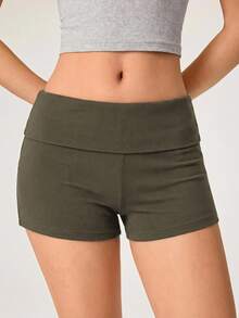 SHEIN BASICS 女款休閒純色羅紋針織短褲，夏季 - 軍綠色 - 查看 5