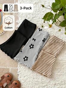 SHEIN 3pcs/Set Toddler Girls' Ribbed Floral Print Knit Bell Bottom Pants, Wavy Trim, Black Ribbed Casual Trousers, New Summer Fashion - Multicolor - View 1