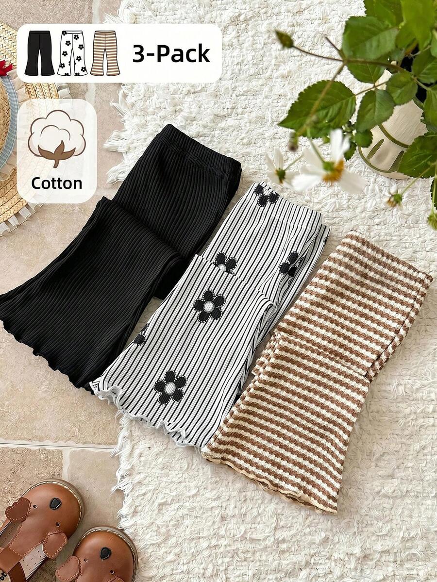 SHEIN 3pcs/Set Toddler Girls' Ribbed Floral Print Knit Bell Bottom Pants, Wavy Trim, Black Ribbed Casual Trousers, New Summer Fashion - Multicolor - View 1