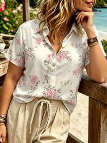 EMERY ROSE Plus Size Women's Woven Printed Casual Resort Women's Summer Shirt - Apricot - View 1