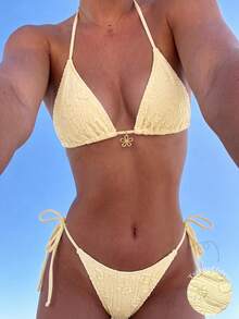 Swim Mod Women's Yellow Summer Casual Beach Holiday Vacation Holiday Swimsuit,Textured Daisy Fabric Bikini Set,Metal Flower Pendant Backless Triangle 2 Pieces - Yellow - View 5