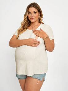 Plussiva Atasan Lengan Pendek Polos Kasual Musim Panas Ukuran Plus untuk Ibu Hamil - Aprikot - View 1