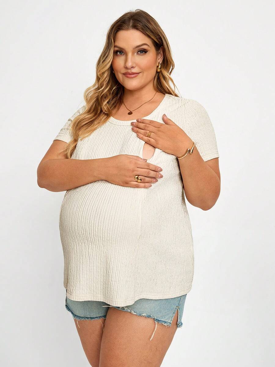 Plussiva Atasan Lengan Pendek Polos Kasual Musim Panas Ukuran Plus untuk Ibu Hamil - Aprikot - View 1