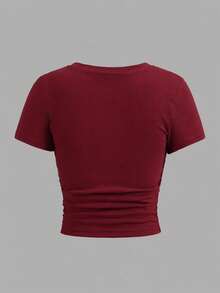 SHEIN Girlism Kaos Anak Perempuan Remaja Model Slim Fit Kasual Leher Bulat Lengan Pendek dengan Detail Kerut di Samping dan Ikat Rambut - Burgundy - View 2