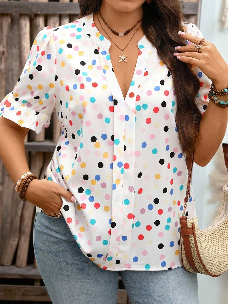 Plus Size Women's Casual Smart Casual Colorful Polka Dot Print Boho Shirt Tunic Blouse, Summer Top, Vacation Outfits,