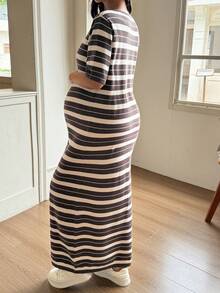 DAZY Round Neck Colorblock Striped Loose Casual Long Maternity Sweater Dress, Spring/Summer/Early Autumn - Brown - View 2