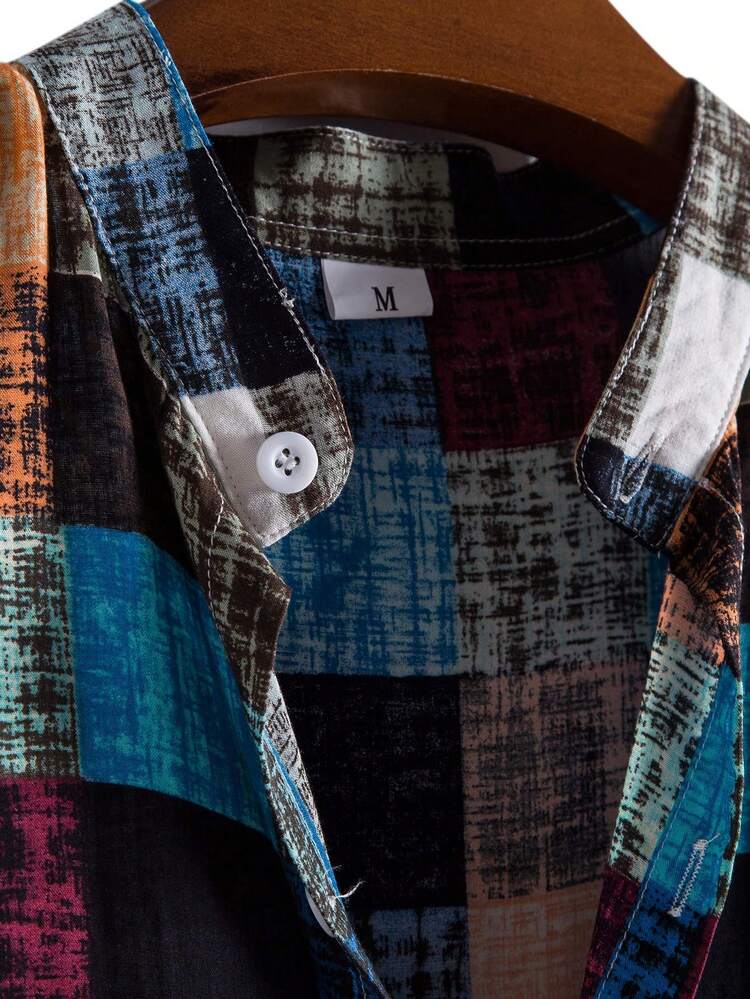Manfinity Homme Men's Plaid Single-Breasted Stand Collar Short Sleeve Shirt (Random Cut) - Multicolor - View 4
