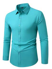 Manfinity Mode Camisa casual de manga larga de un solo color con botones delanteros para hombres, ideal para ir al trabajo - Verde - Ver 4