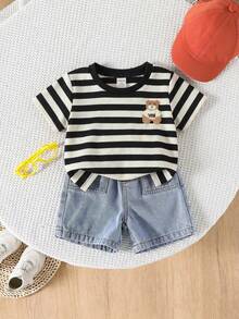 SHEIN 2件套男女宝宝休闲可爱红色条纹短袖T恤和短裤套装，牛仔短裤，婴儿套装，春夏款 - 彩色 - 查看 4