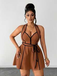 Maweii Plus Size Women's Piped Waist Tie Casual Sleeveless Romper - Brown - View 5