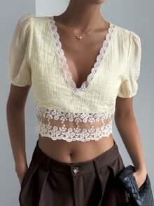 Livesso Women's Elegant Romantic Lace Trim Patchwork Casual Vacation Short Sleeve Blouse For Summer Wedding Banquet Pink And White - Beige - View 7