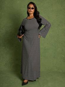 FASHION SZN Plus Size Striped Ribbed Stretch Jersey Maxi Dress Flared Sleeves Casual Sun Dress Summer Holiday Vacation Outfit Comfy Airport Travel Elegant Chic Long Dresses City Break Every Day Essentials Daily Wear - Black and White - View 3
