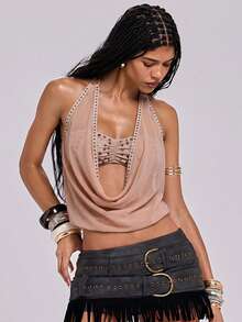ROMWE Y2K Avant-Garde Sexy 2 In 1 Strapless Sheer Eyelet Stud Decor Bandeau Two Pieces Women's Tank Top - Khaki - View 7