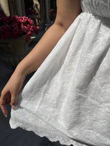 Lyrianda Plus Size Women's French Square Neck Puff Sleeve Embroidered Lace Cinched Waist Doll Dress, Gentle Style A-Line Short Sweet Pure Slimming Summer Short Dress, Pure White Minimalist Square Neck Date Casual Versatile Short Sleeve Summer Cool Dress - White - View 3