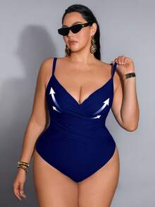 Shapewave 2026 Summer Women's Plus Size One-Piece Swimsuit, Elegant Vacation, Push-Up, Slimming, Tummy Control One-Piece Swimsuit, Women's Swimwear, Women's Vacation Clothing, Plus Size Tummy Control One-Piece Swimsuit, Elegant Women's Beach Swimsuit, Plus Size Women's Clothing - Navy Blue - View 6