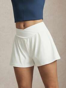 Activina Women's Asymmetric Waistband Double-Layer Golf Shorts,Solid White Old Money Chic Activewear For Running,Cycling,Yoga,Tennis&Gym Daily Wear - White - View 4