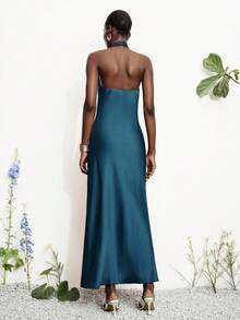 Aveloria Modichic Fashionable Elegant Elegant Slim Fit Sexy Satin Halter Neck Solid Color Dress Wedding Corporate Formal Teal Blue Summer - Blue - View 3