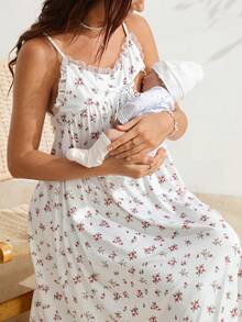 SHEIN French Ditsy Floral Camisole Nightgown, Lace Trim, Bow Decor, Loose Fit, Summer, Maternity Photoshoot, Loungewear, Dress White - Multicolor - View 1