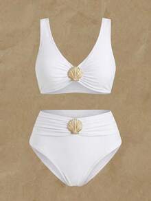 Swim Chiccia Bộ bikini 2 mảnh tắm biển mùa hè cho nữ size lớn, màu trơn, trang trí vỏ sò kim loại, phong cách gợi cảm thời trang - trắng - Xem 4