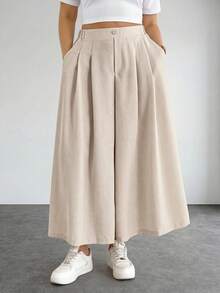 SHEIN PETITE CURVE 大码纯色简约休闲裤 - 卡其色 - 查看 4