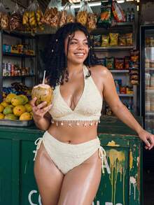 Swim Vcay 2026 New Summer Beach Vacation Women's 2-Piece Yellow Textured Floral Triangle Bikini Set, Bohemian Style Halter Top With Shell & Starfish Pendant, Side Tie Swim Bottoms, Suitable For Summer Beach Vacation. Plus Size Swimsuit Set - Pale Yellow - View 2