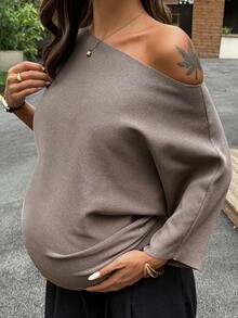 Dazy Maternity Sweater Hamil Lengan Pendek Kasual Warna Polos Longgar untuk Pemakaian Sehari-hari di Awal Musim Gugur - Khaki - View 5