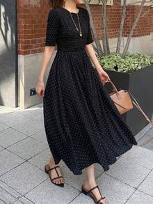 FRIFUL 女款圓領短袖波點印花休閒長洋裝 夏季 - 黑色 - 查看 5