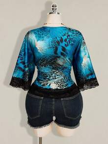 SHEIN ICON 大尺碼 Y2K 復古性感豹紋 V 領蕾絲拼接喇叭袖上衣 - 藍色 - 查看 2
