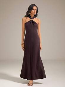 SHEIN Tall Frühling/Sommer Musikfestival Ostern St. Patrick's Day Valentinstag Date Dinner Western Reife Elegante Ärmellose Neckholder Schokoladenbraun Maxikleid - Braun - Übersicht 4