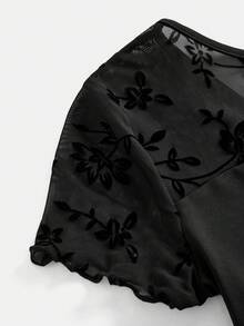 SHEIN 青少年女孩春夏新款黑色純色針織網布拼接極簡高彈力面料緊身連身衣，網布拼接，底層，適合學校、專業訓練、芭蕾、體操、舞蹈工作室練習。黑色芭蕾連身衣，女孩連身衣，兒童連身衣 - 黑色 - 查看 8