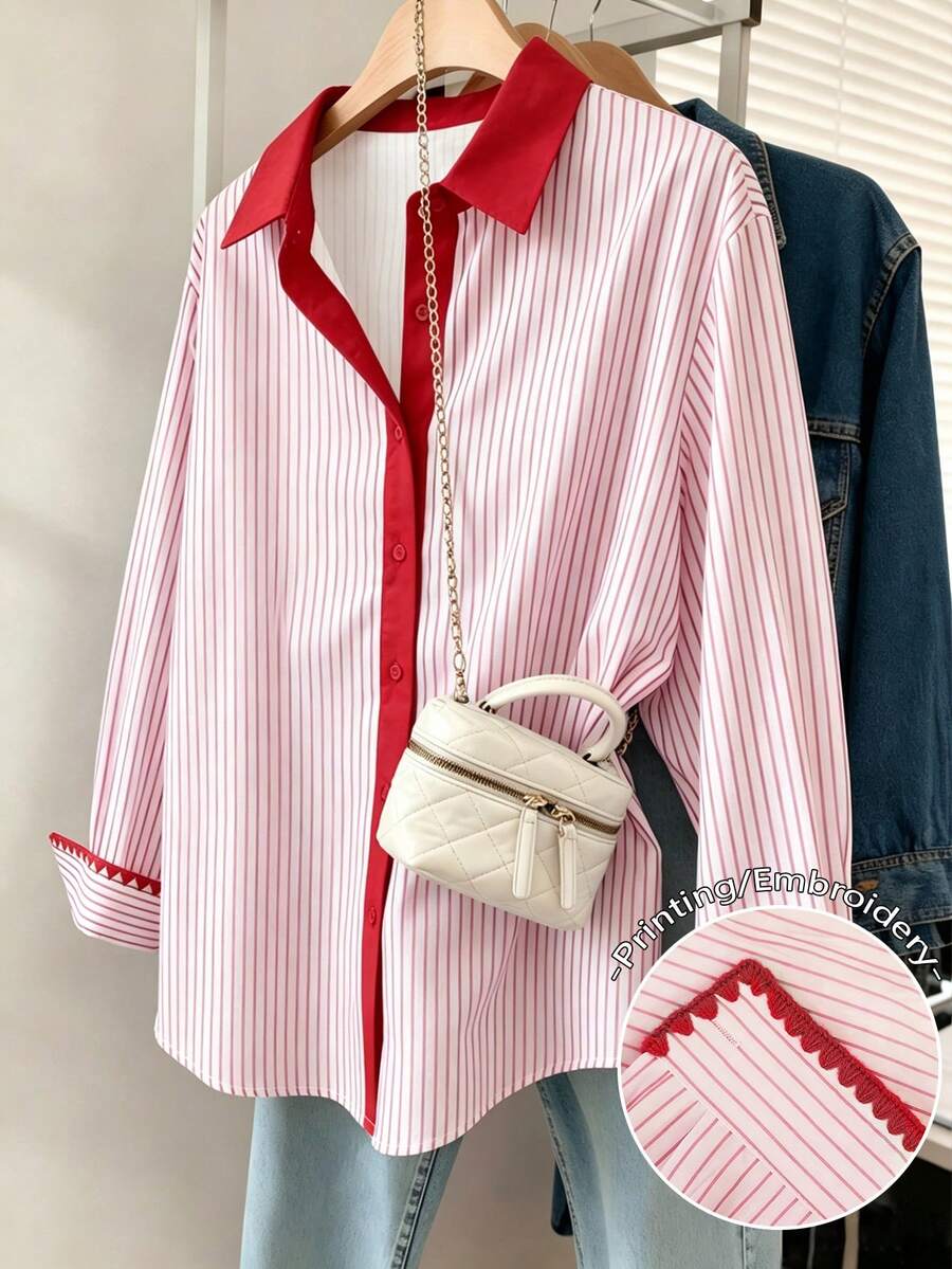 Resyla Women's Contrast Color Long Sleeve Single-Breasted Casual Striped Shirt - Multicolor - View 1