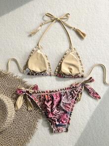 Soleia Set Bikini Pantai Wanita Motif Retro Warna-warni Leopard & Zebra, Motif Bunga, Pinggiran Berkerut, Pita Ikat, Leher Halter, dan Hiasan Rumbai - Khaki - View 3