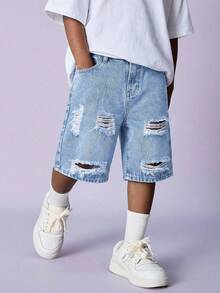 SHEIN Little Byeori 青少年男童口袋做旧拉链休闲牛仔短裤 - 淺色水洗藍 - 查看 4
