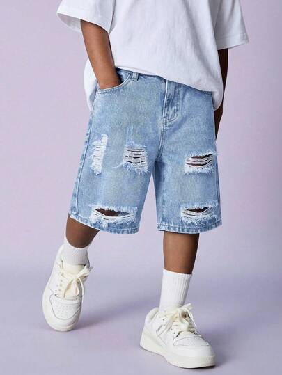 SHEIN Little Byeori Tween Boy Pocket Distressed Zip-Up Casual Denim Shorts