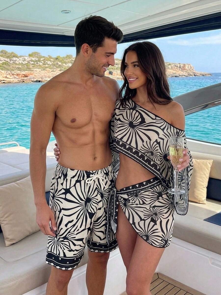 Manfinity Swimmode Pantalones cortos de playa de moda con patrón geométrico y cordón para hombre, adecuados para vacaciones y uso diario - Blanco y Negro - Ver 1