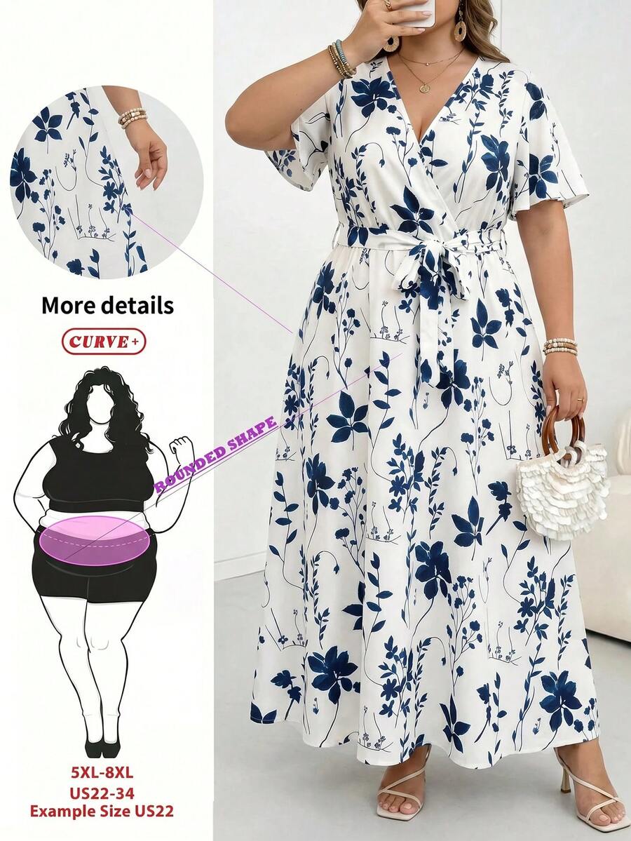 SHEIN CURVE+ White Summer Boho Plus Size Floral Pattern Drawstring Dress,A-Line Loose Flowy Sun Dresses For Women,Holiday Bachelorette Party Tea Party Dress