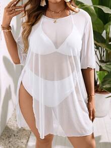 Swim Lushoire Plus Size Women Solid Color Round Neck Casual Holiday Cover-Up Dress Beach Summer - White - View 2