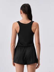 Loungeista 2pcs Casual Solid Color Camisole & Shorts Pajama Set For Women, Summer New Lightweight Homewear Outfit, Fashionable & Comfortable Camisole & Shorts - Black - View 2