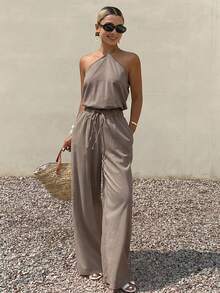 Livesso Spring/Summer White Halter Neck Tank Top & Straight Leg Casual Pants 2 Pieces Set, Elegant For Wedding, Vacation, Beach, Commute, Women - Olive Green - View 1