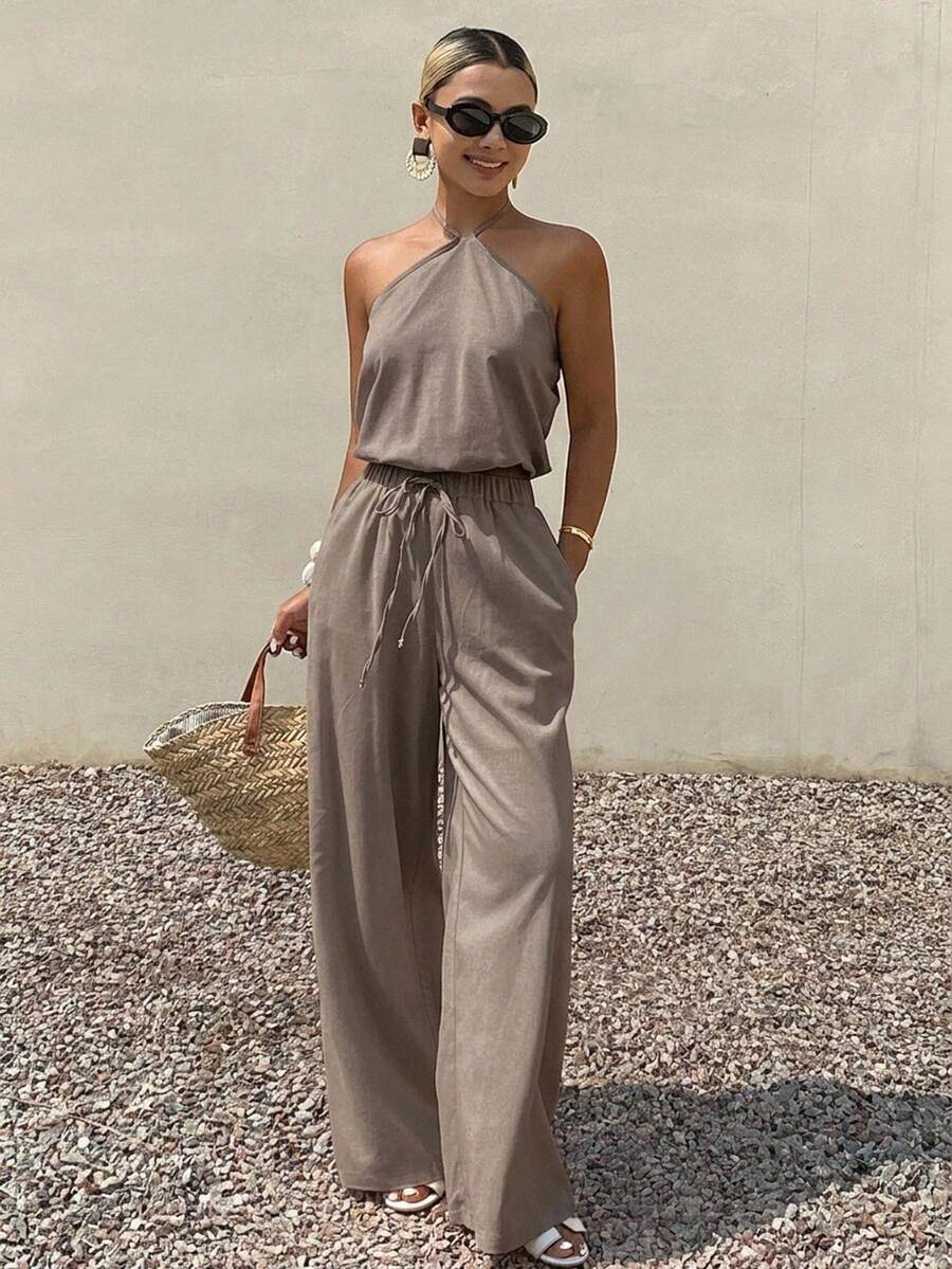 Livesso Spring/Summer White Halter Neck Tank Top & Straight Leg Casual Pants 2 Pieces Set, Elegant For Wedding, Vacation, Beach, Commute, Women - Olive Green - View 1